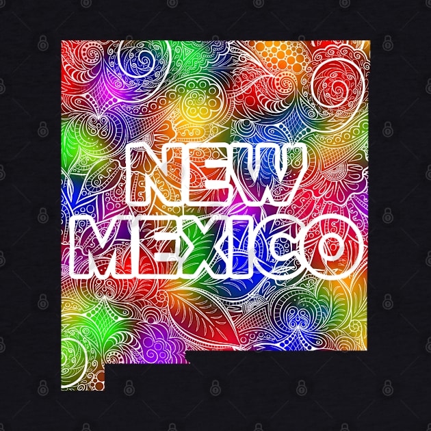 Colorful mandala art map of New Mexico with text in multicolor pattern by Happy Citizen